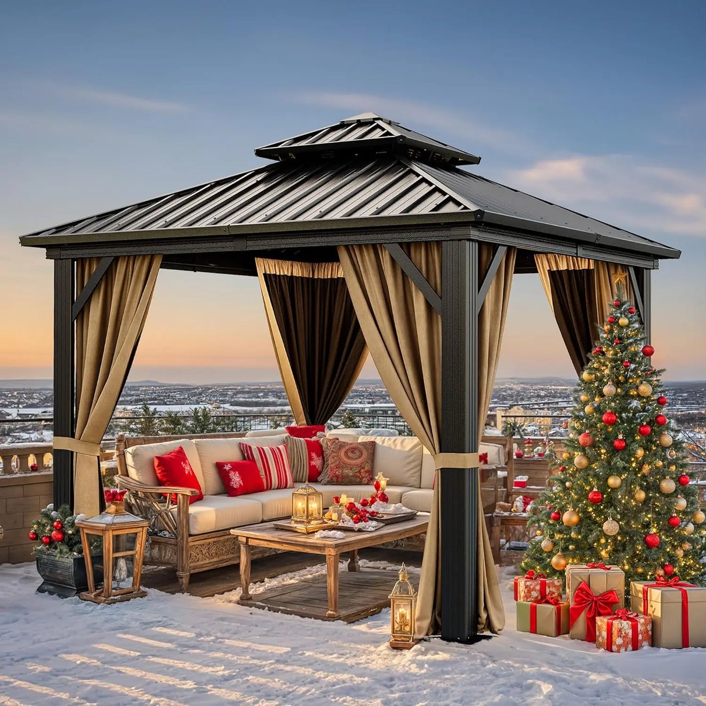 10x10ft Hardtop Gazebo, Nettings and Curtains, Heavy Duty Double Roof Galvanized Steel Outdoor Combined of Vertical Stripes Roof