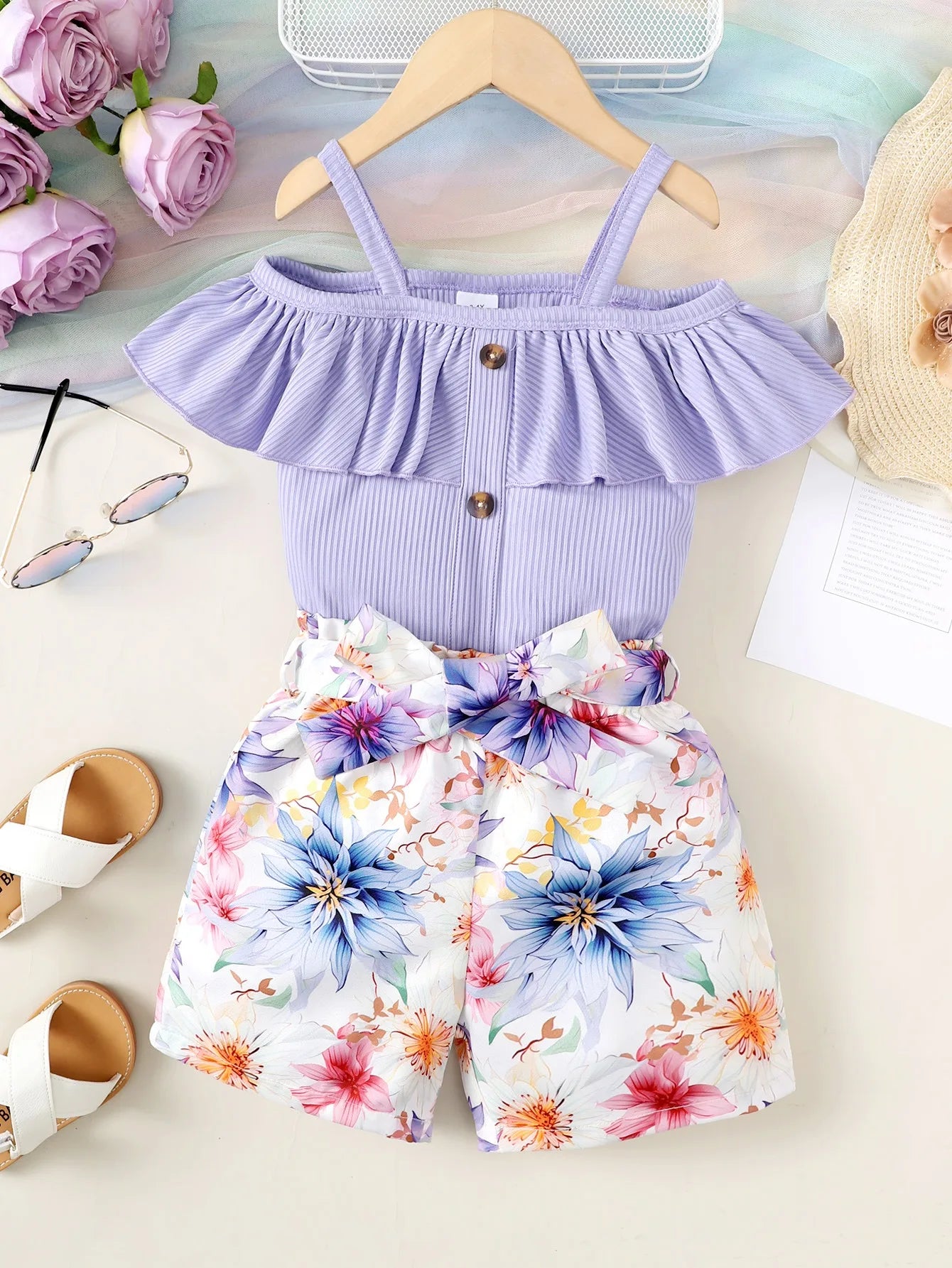 2PCS Child Girl Clothes Set Shoulder Leakage Short Sleeve Top+Flower Shorts with Bow Summer Lovely Wear for Kid Girl 4-7 Years