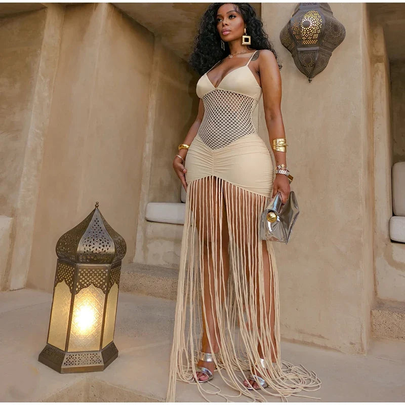 Hollow Out See-through Long Dress Women Holiday Tassels High Waist Sleeveless Strap Dresses Female Backless Evening Club  Robe
