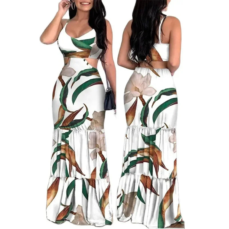 Women's Summer New Elegant Print Fashion Floral Sexy Backless Boho Maxi Ruffle Hollow Out Long Slim Beach Suspender Sheath Dress