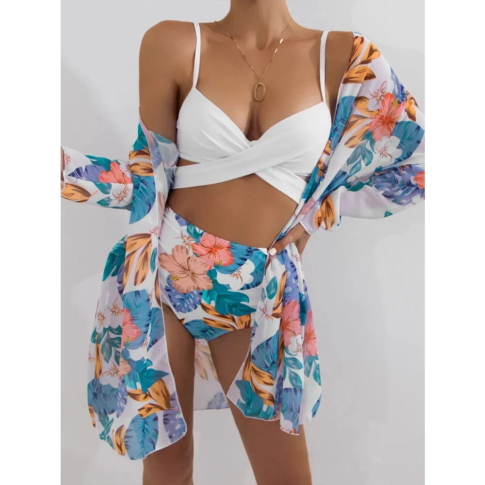 Three Pieces Bikini Set Cover Up Women New Push Up Twist Swimsuit Print Long Sleeve Swimwear Biquini Bathing Suit Summer