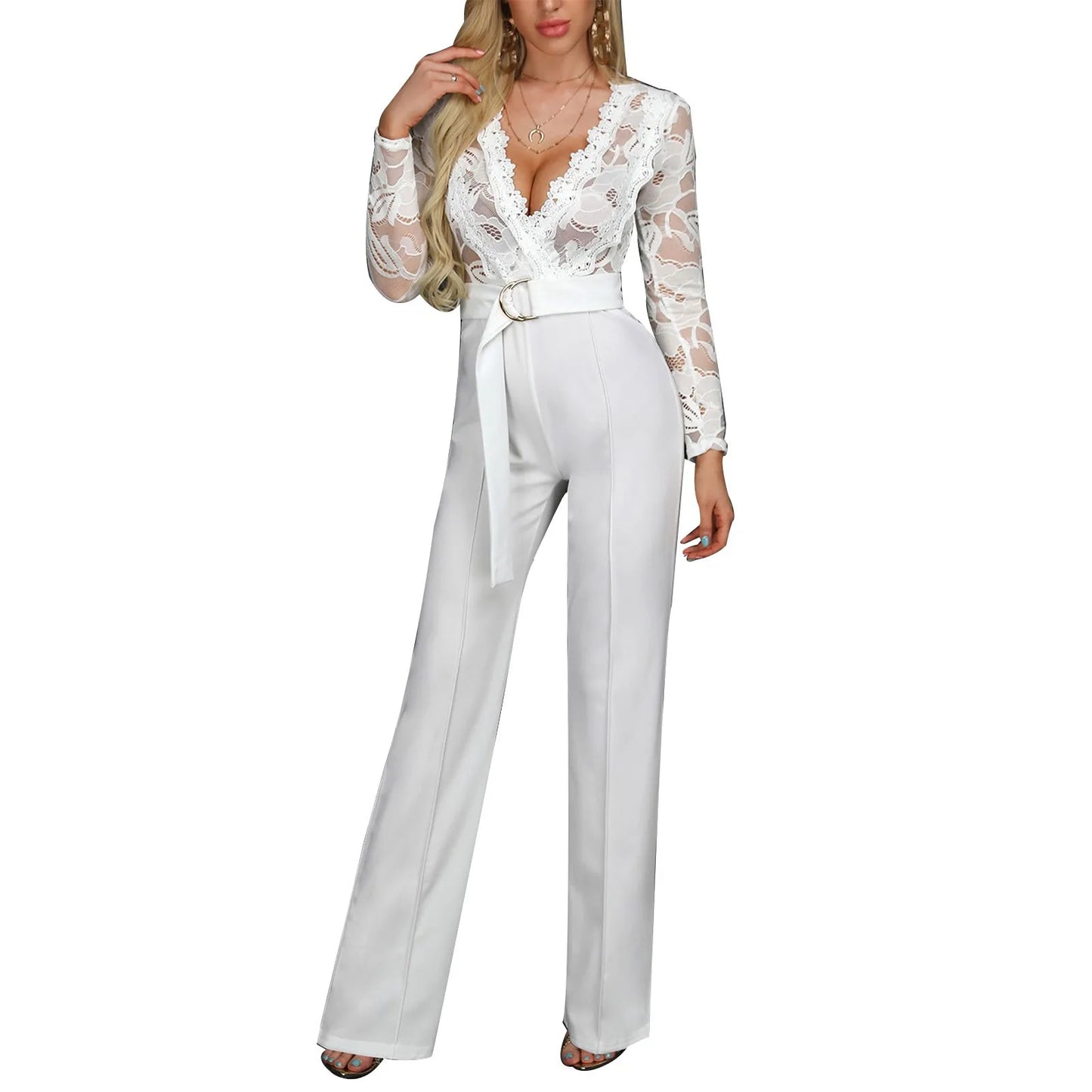 Sexy Lace V Neck Belted Jumpsuit Spring Summer Women'S Rompers Elegant Lady Wide Leg Overalls Fashion Casual White Playsuit 2024