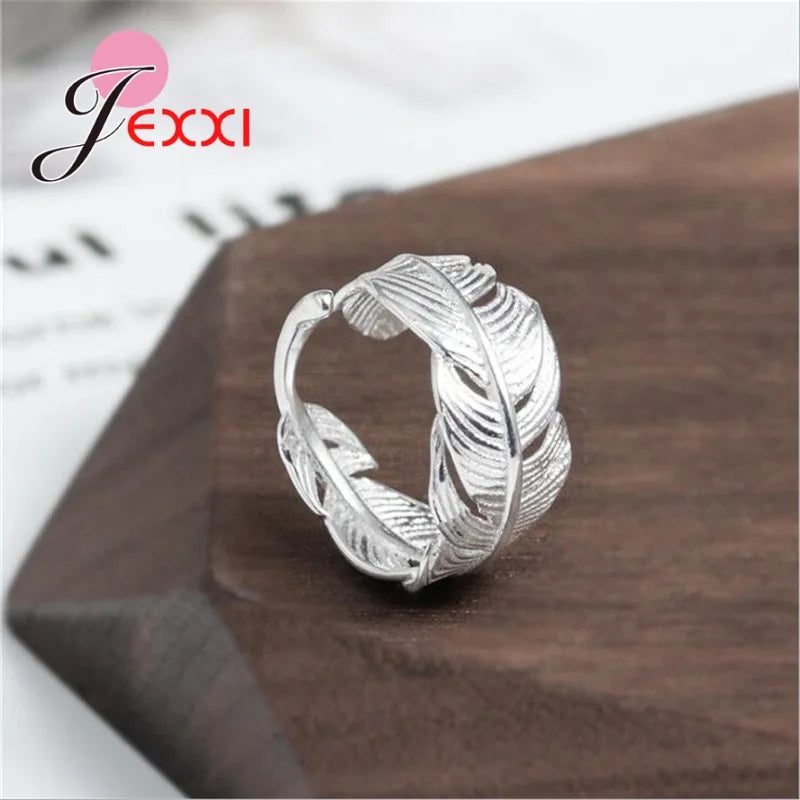 Authentic 100% 925 Sterling Silver Dazzling Feather Shape Open Finger Rings For Women Crystal Jewelry Christmas Gift Adjustable