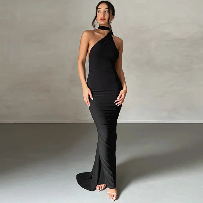 Hugcitar One Shoulder Backless Adjustable Scarf Loop Ruched Sexy Maxi Dress 2025 Women Elegant Y2K Streetwear Festival Outfit