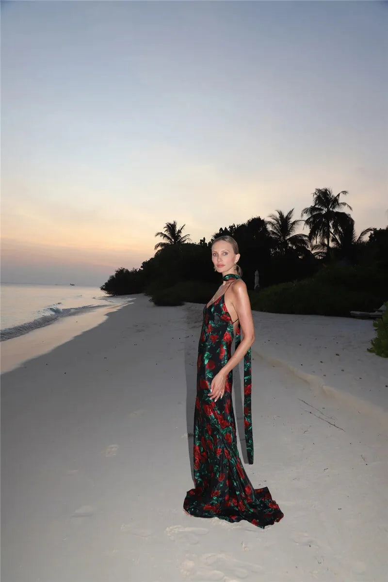Mozision Halter Backless Print Sexy Maxi Dress For Women Gown Elegant Sleeveless High Waist Evening Club Party Long Dress