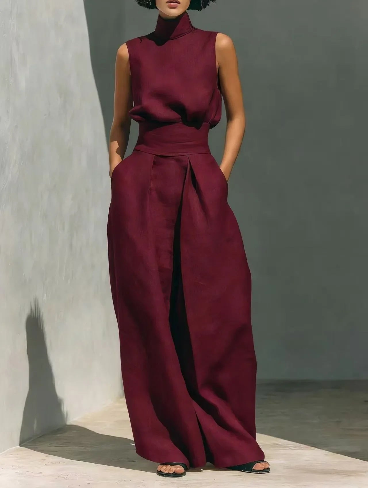 2026 Sleeveless Top+Wide Leg Pants Summer Casual Two-Piece Set Elegant And Loose Office Set High Street Pocket Women's Suits
