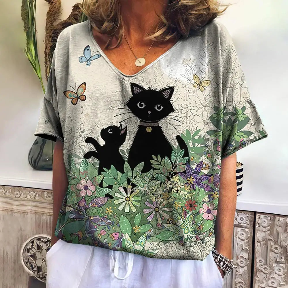 Women's T-shirt 3d Cute Cat Print V-neck Tops Summer New Kawaii Animal Short-sleeved Fashion Loose Large Size Women's Tops