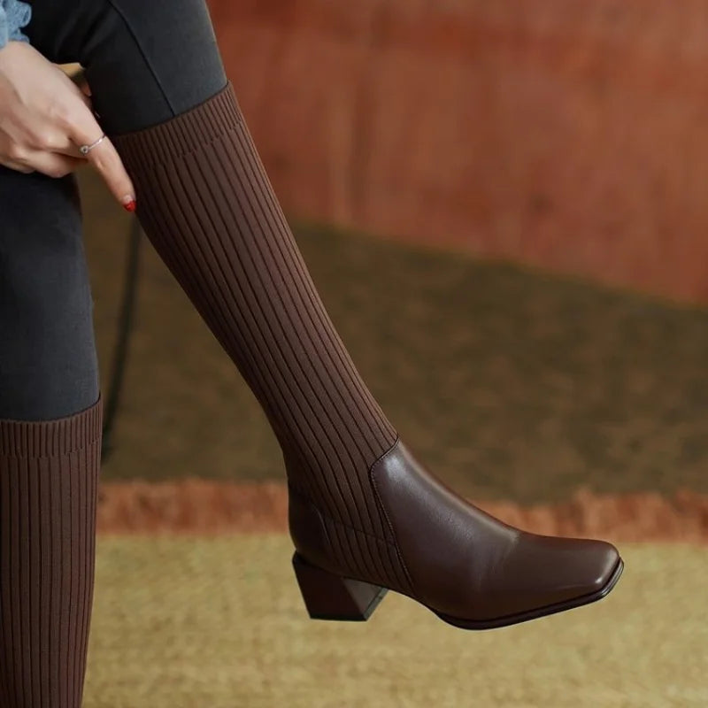 Comemore Sock Boots Women 2024 Winter Knee High Knitting Warm High Boot High Heels Weave Casual