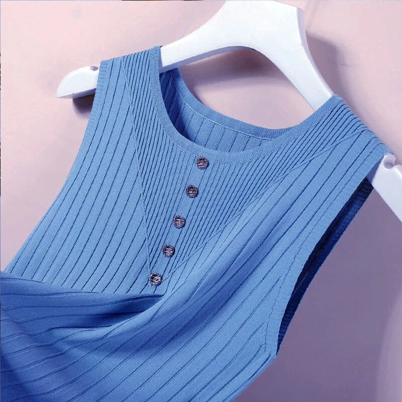 Inner Ice Silk Bottoming Tops for Women Casual Camisole for Summer Vest 2022 New O-neck Button Solid Sleeveless Knitted Tanks