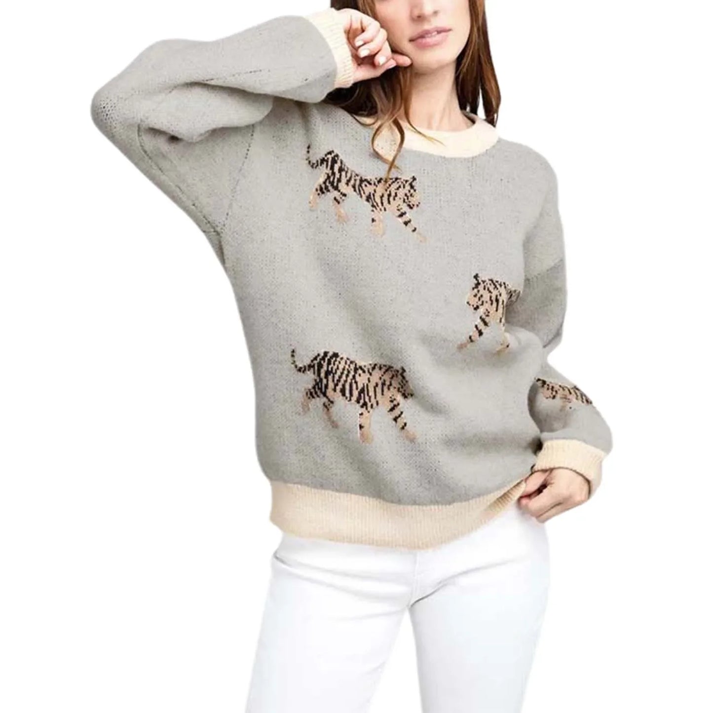 Cozy Women s Sweater with Stylish Leopard Print Design Long Sleeves and Soft Knit Fabric for Autumn Fashion Statement