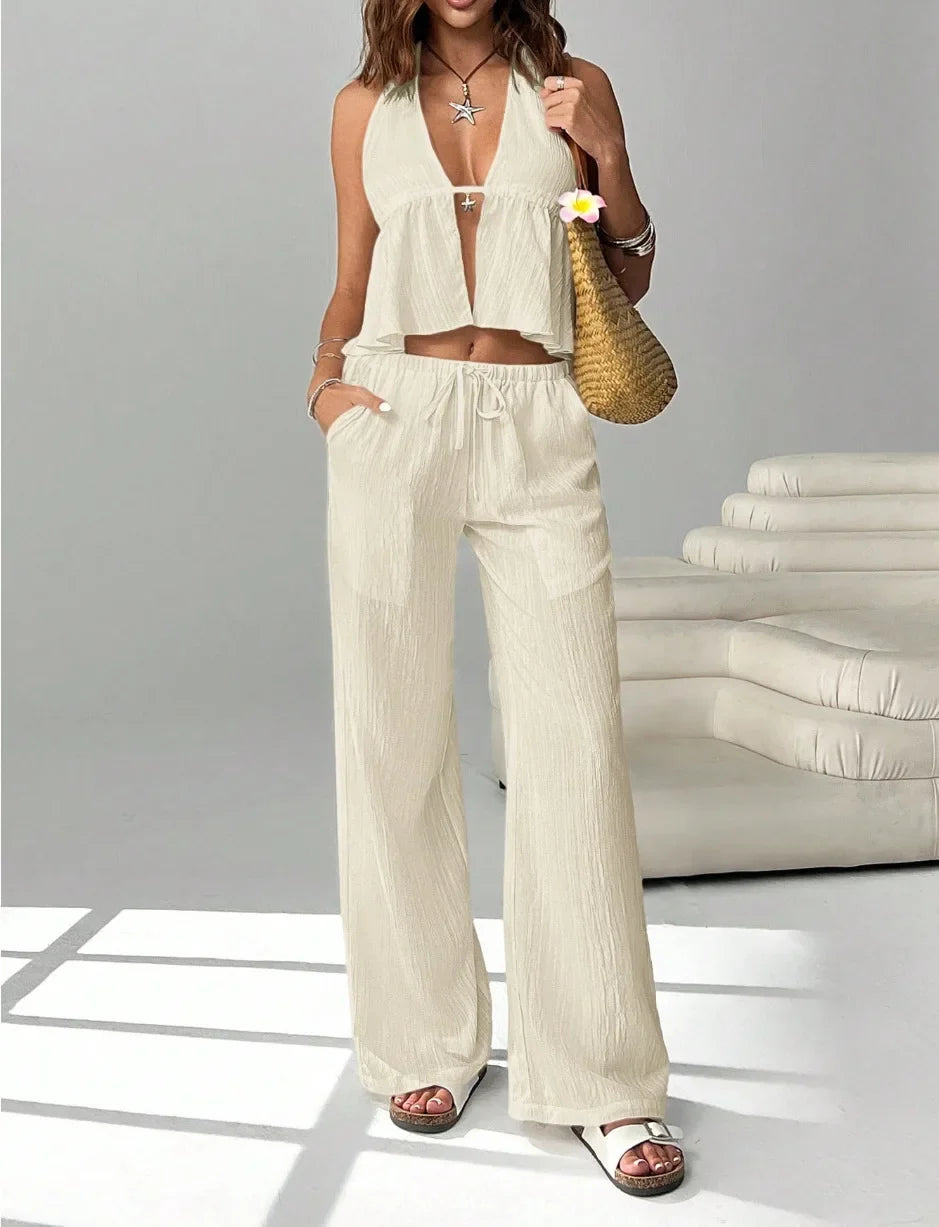 Fashion White Woman 2 Piece Set Outfit Spring And Summer Women's Halter Neck Strap Sexy Backless Sleeveless Vest Slim Suit