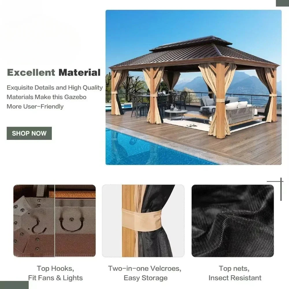 12x20 Gazebo, Hardtop Wood-Looking Gazebo with Galvanized Steel Double Roof, Patio Hardtop Gazebo with Netting and Curtains