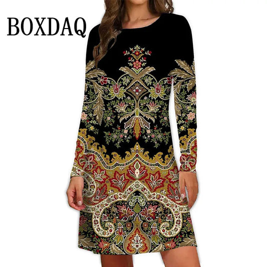 2024 Fall New Arrival Women's Dresses Ethnic Style Bohemian 3D Printing Dress Vintage Casual Loose Long-Sleeve Fashion Clothing