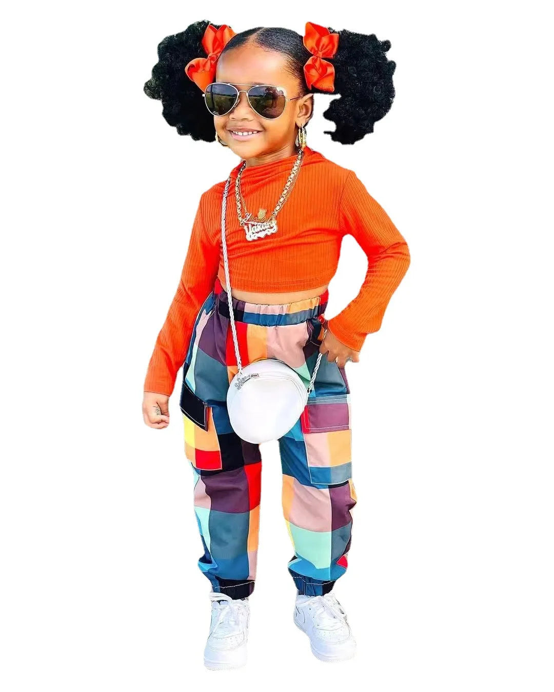 Qunq Girls' Spring 2024 New Fashionable Solid Color Long Sleeved Top Plaid Leggings Two-piece Set kids  girls clothes