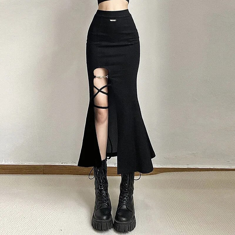 Goth Vintage Black Velvet Split Skirts Aesthetic Sexy High Waist Bow Bodycon Long Skirt Elegant E Punk Partywear Clothes