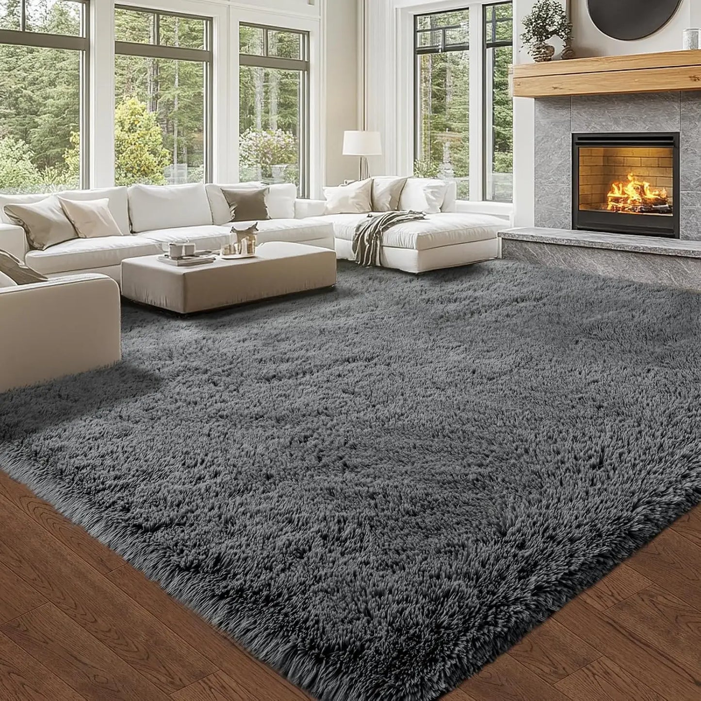 Large Shaggy Grey Area Rug,10x14 - Super Soft Fluffy Carpet for Living Room, Bedroom.