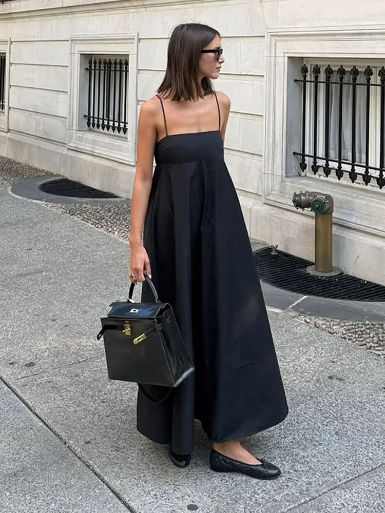 Solid Backless Spaghetti Strap Dress Women's Fashion Loose High Waist A-line Vestidos Summer Lady Holiday Street Robes 2025 New