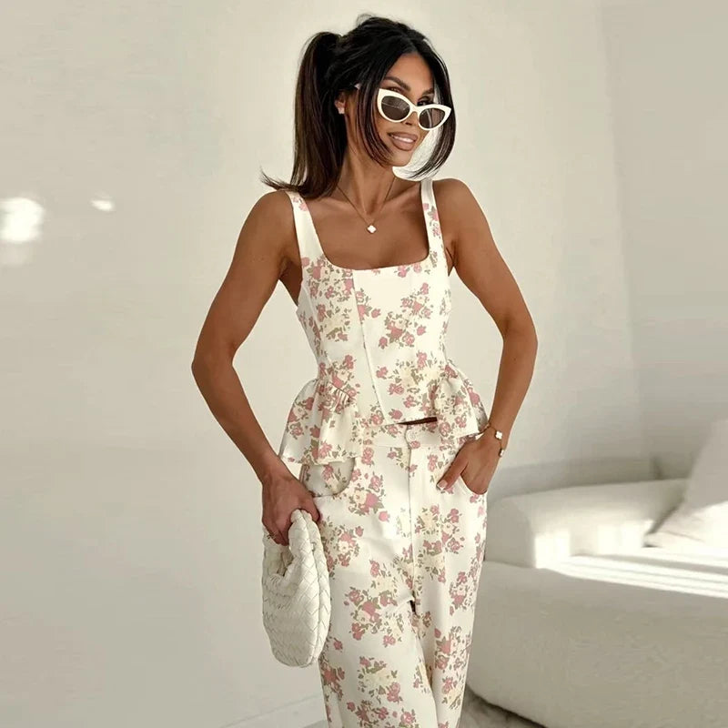 Urban Print Top Pants Women Set Sling Backless Slash Neck Blouse Wide Leg Trousers 2026 Spring Summer Holidays Lady Outfit