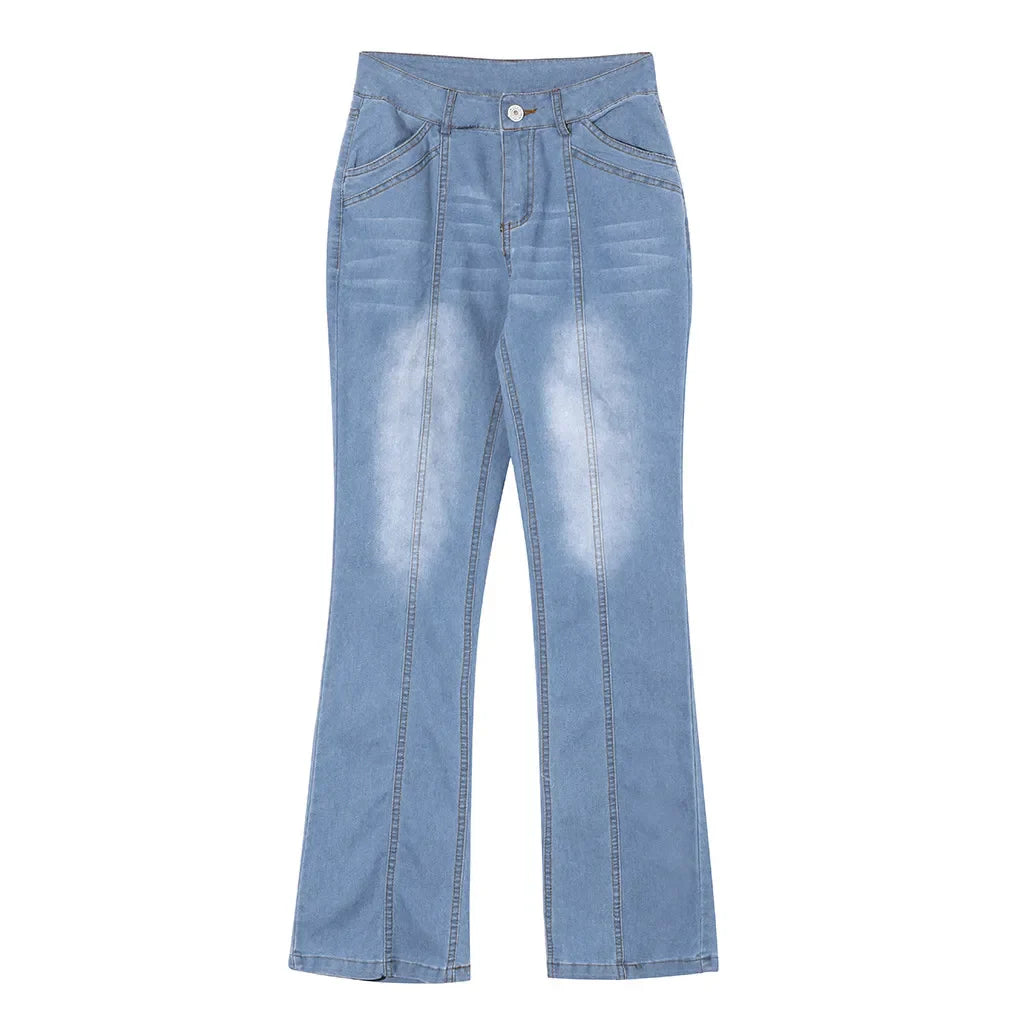 Denim Jeans For Women Mid Waisted Denim Jeans Embroidery Stretch Button Flare Pants Jeans Loose Casual Straight Jeans Vaqueros