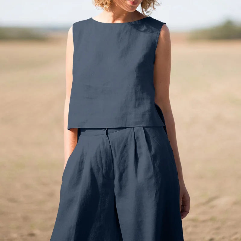 Summer Cotton And Linen Casual Outfits Female Fashion Solid Color Two-piece Set For Women Sleeveless Top Trousers Women's Suit
