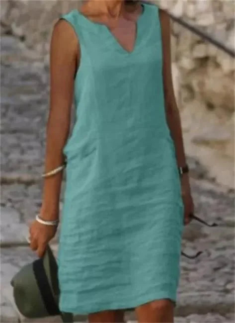 New Pure Color V-Neck Sleeveless Large Size Casual Linen Dress Comfortable Breathable Women's One-Piece Summer Dresses