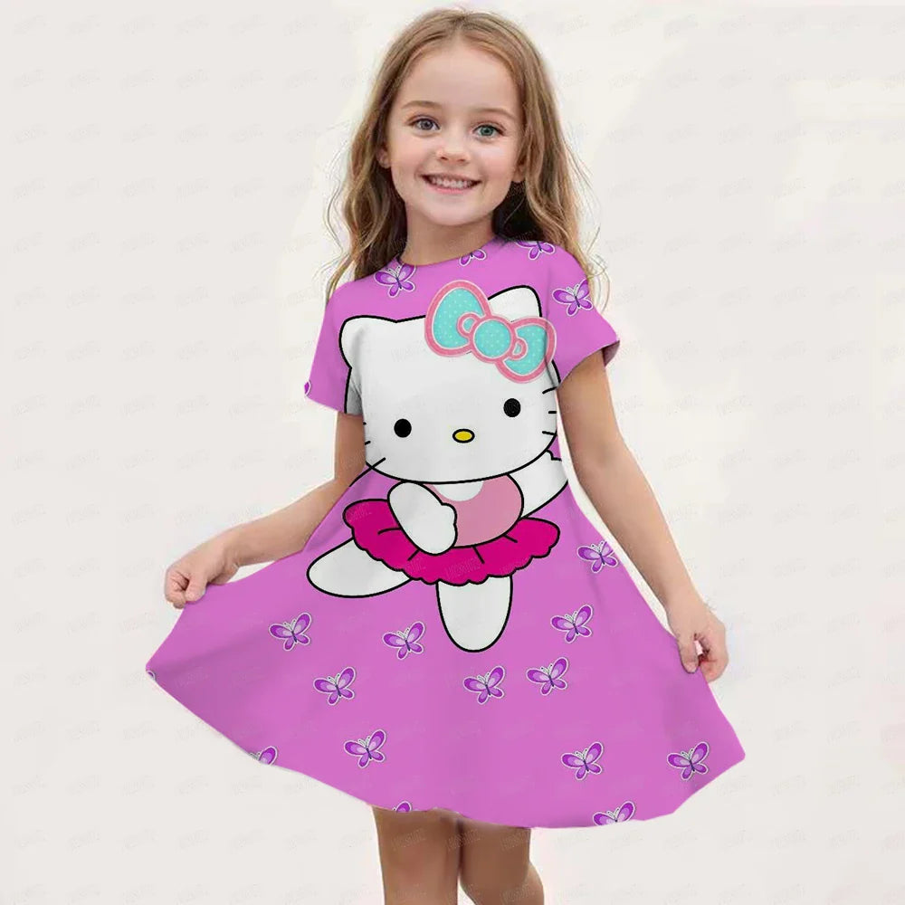 Kids Girls Clothes Kawaii Cartoon 3D Kuromi Printed Adults Party Popular Dresses Summer Short Sleeve Parent-child Clothing Dress