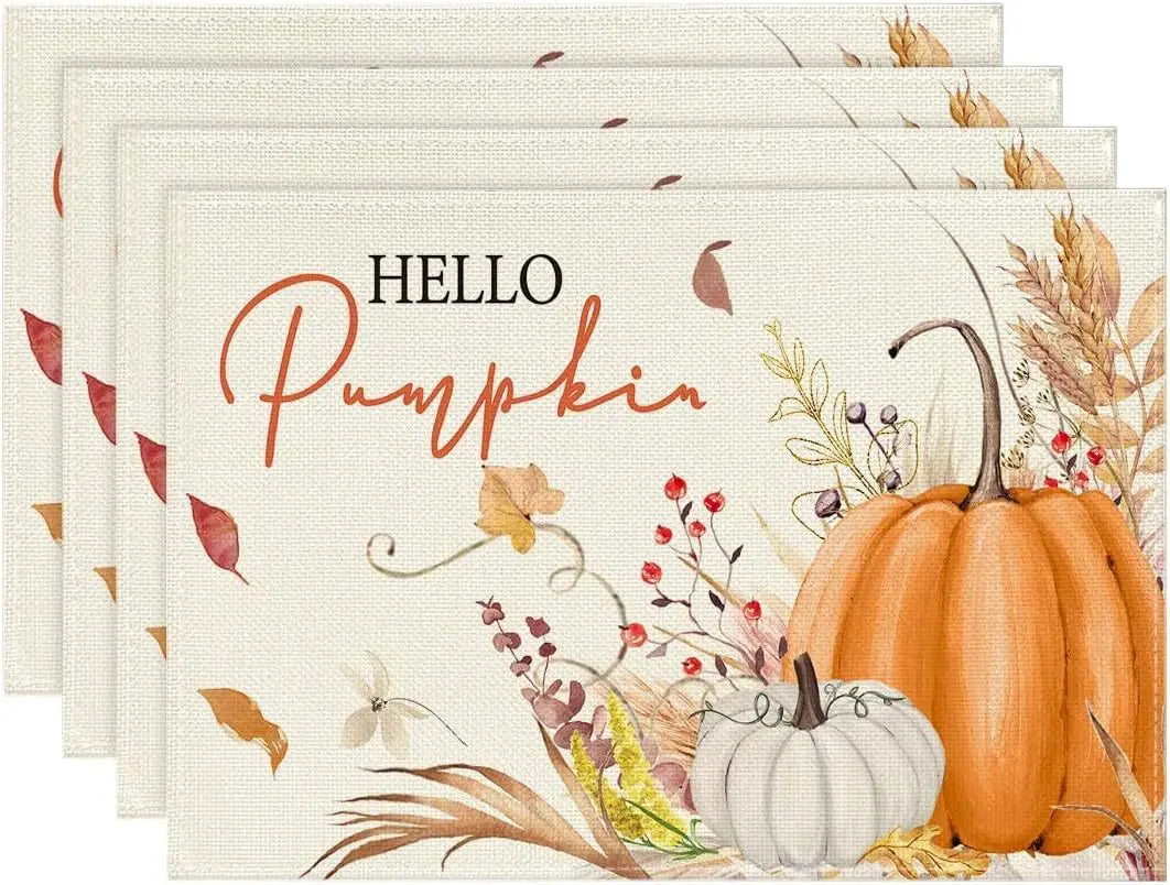 4PCS Thanksgiving Day Table Placemats 30*45cm Linen Autumn Pumpkin Maple Leaf Printed Dining Table Mat Festive Table Decoration