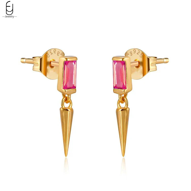 925 Sterling Silver Needle Rose Red Crystal Stud Earrings For Women Water Drop/Heart Pendant Gold Earrings Fashion Jewelry Gifts