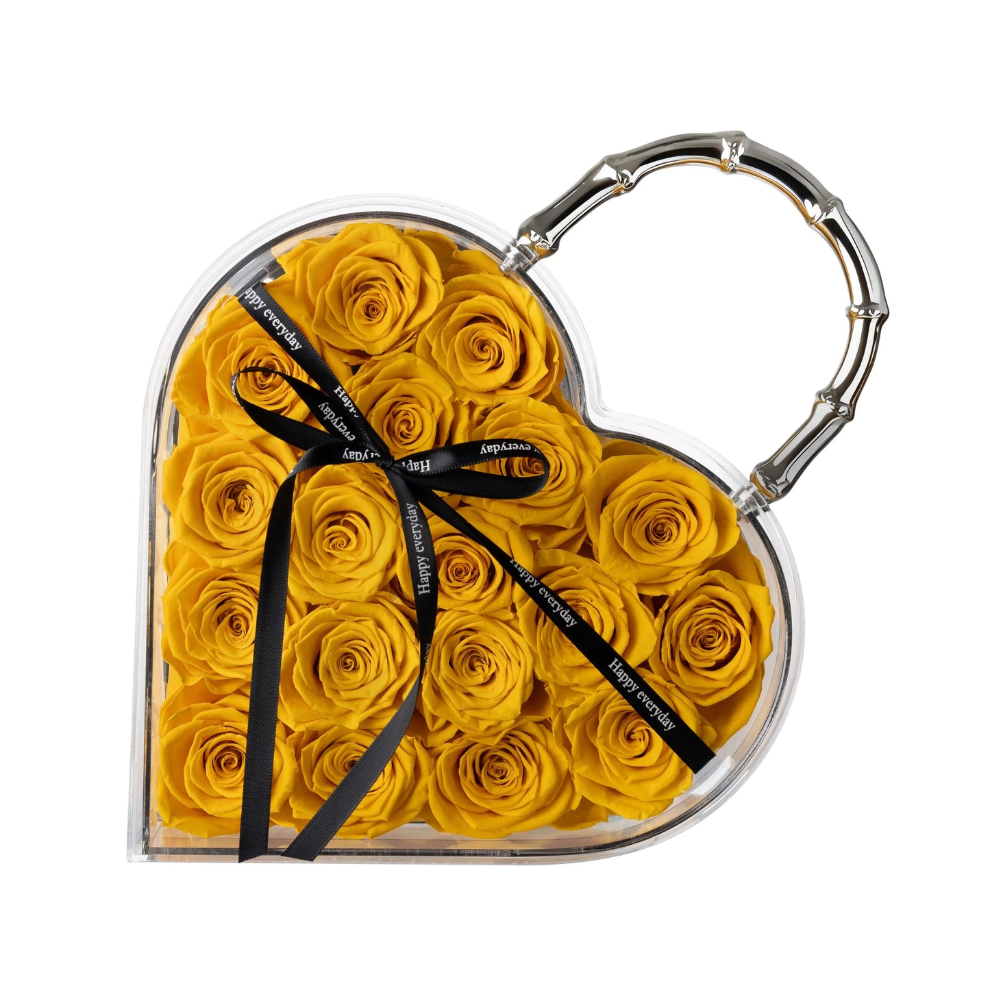 18 Preserved Roses in Heart Acrylic Display Case with Handle, Home Decor & Holiday Gift for Women, Anniversary, Valentine’s Day