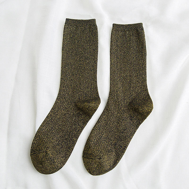 Fashion Women's Socks Golden Silver Silk Socks Spring Autumn Harajuku Retro Shiny Filigree Socks Women Breathable Glitter Socks