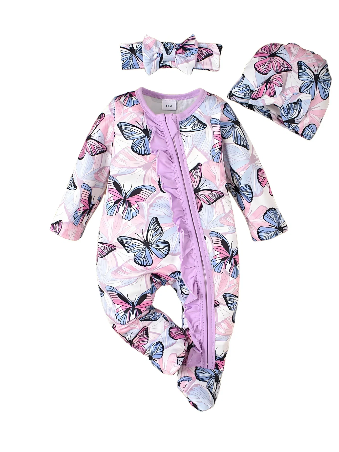 Spring and summer baby newborn zip-up footed onesie set, including a hat and a scarf, three-piece set