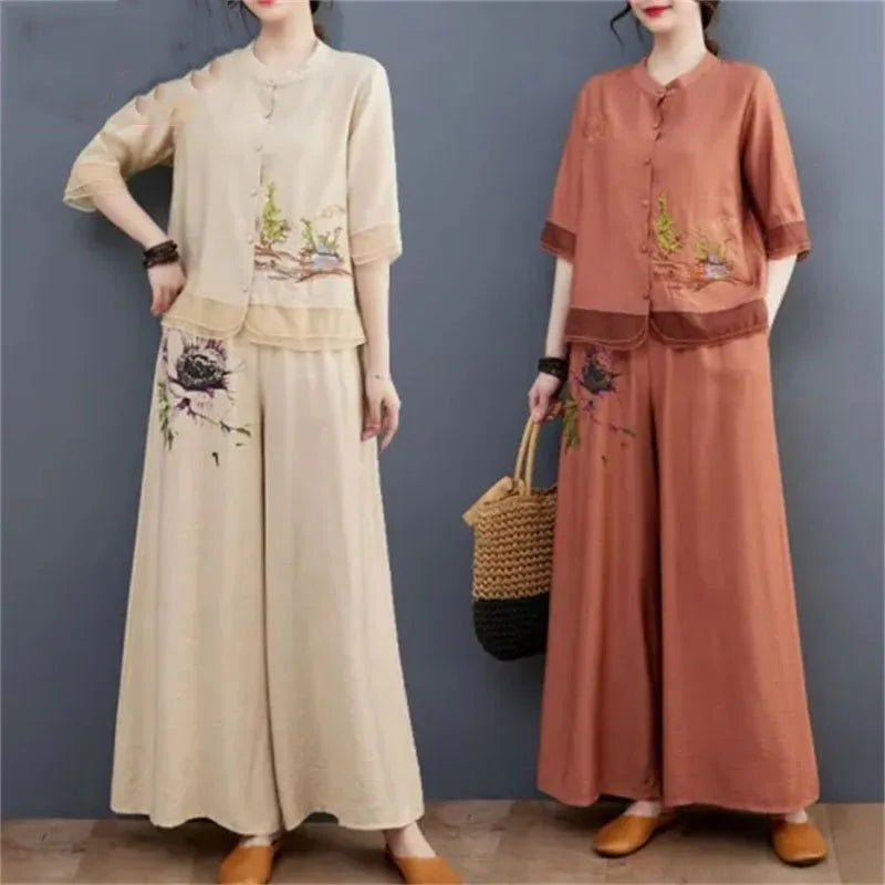 Spring Summer Women Leisure Large Size 5XL 2PCS Middle Aged Mother Mother Cotton Linen Suit 2025 Female Embroidery Two-piece Set