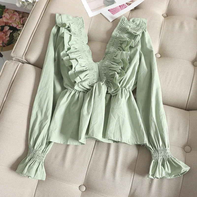 Gagaok Women Sweet Short Blouse Spring Autumn New Solid V-Neck Flare Sleeve Ruffles Slim Chic Wild Female Fashion Korean Shirt