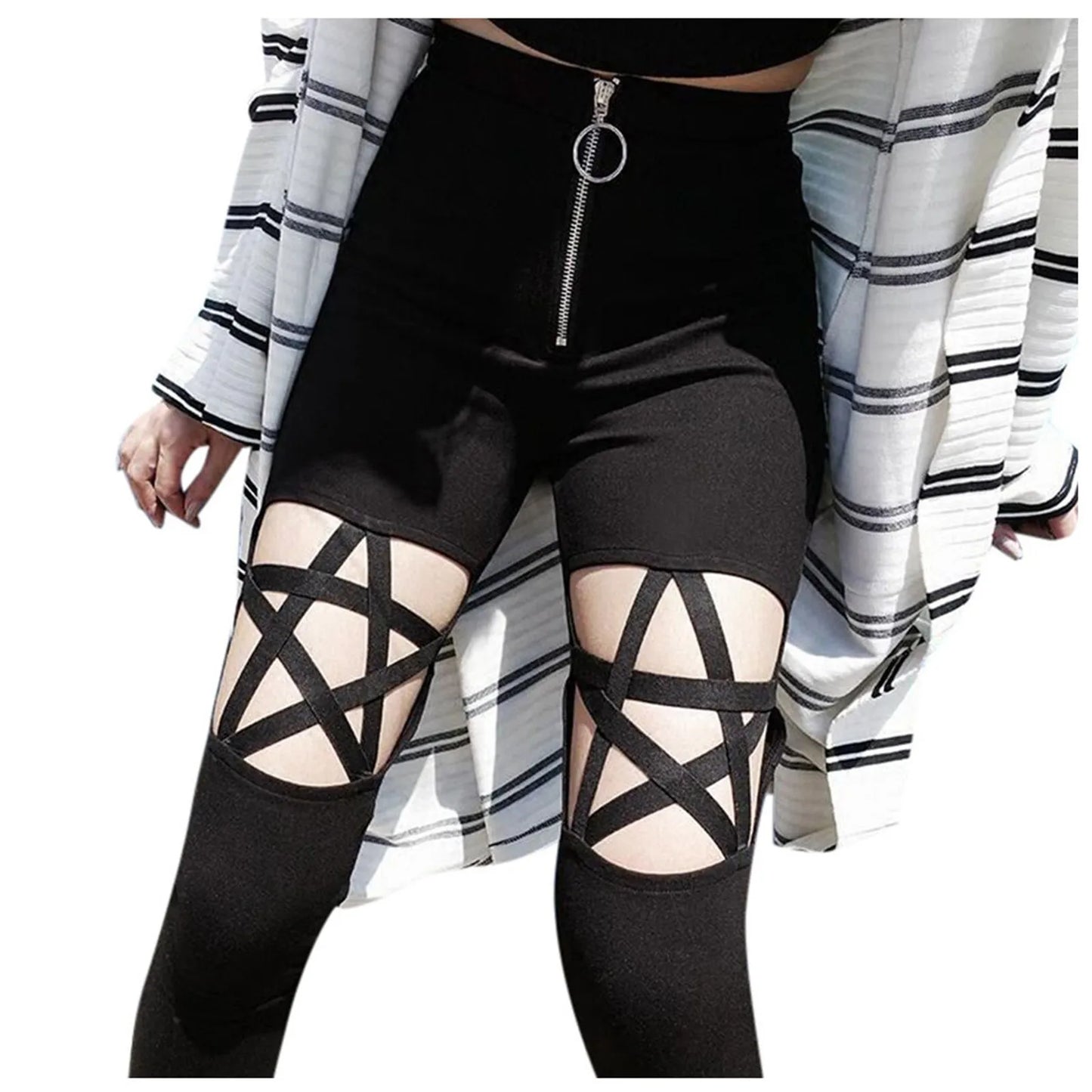 Spring Summer Women Gothic Punk Pants Female Sexy Elastic Stretch Zipper Hollow Out Skinny Pencil Pant Women Tight Trouser 2024