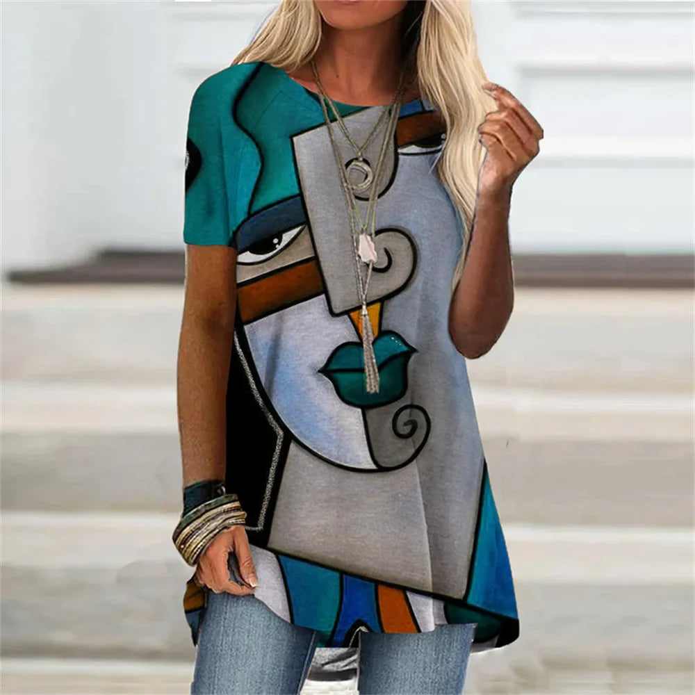 Abstract Face Graphic 3D Print T-shirt Summer Streetwear Retro Women Short Sleeve T Shirts Y2K Tops Woman Tee Oversized Clothing