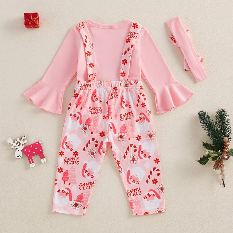 0-18 Months Baby Girls Christmas Outfits Long Sleeve Romper with Suspender Pants Headband Set Newborn Fall Clothes
