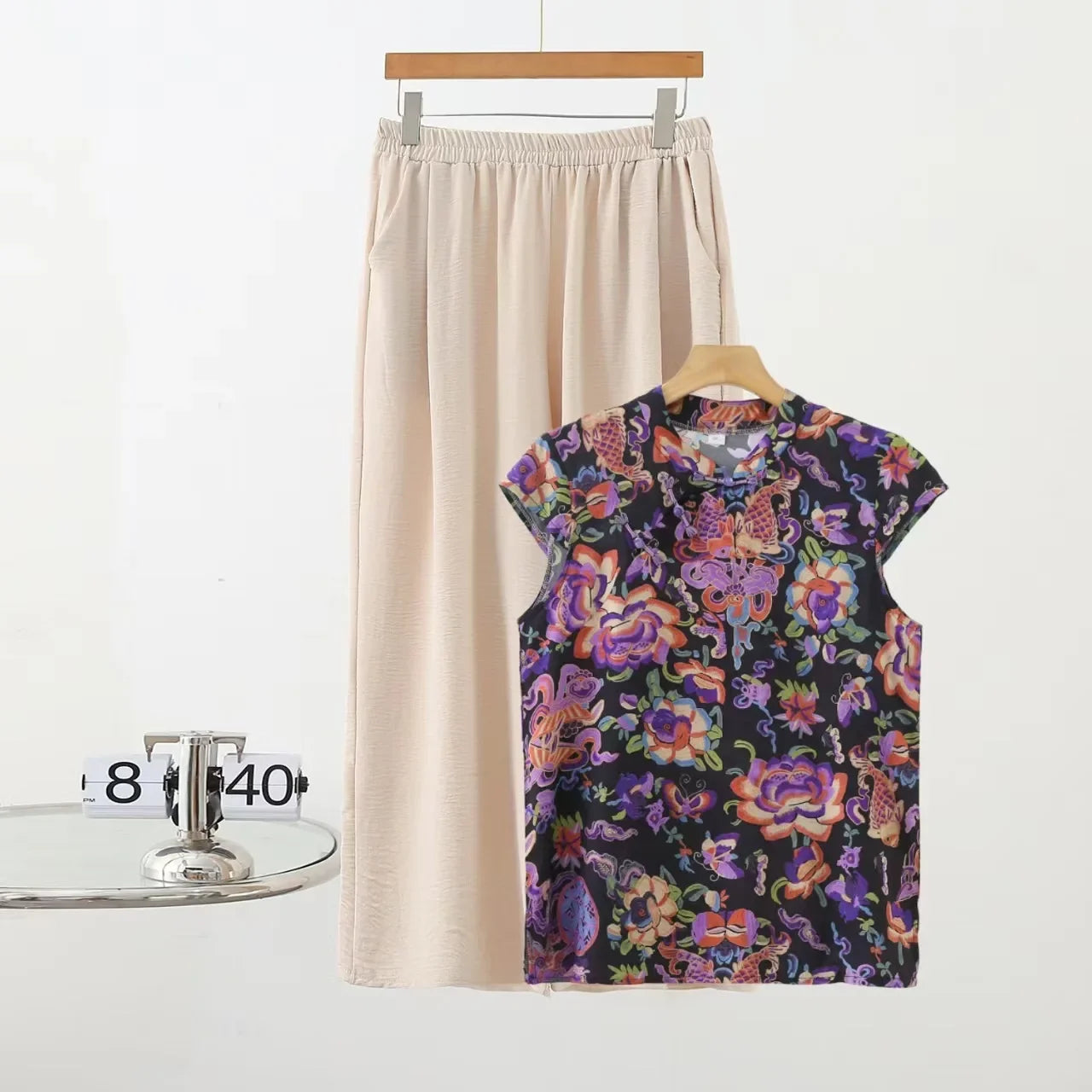 Summer Cotton-silk blend Cheongsam 2 Pcs Set Loose Short Sleeve Frog Closure Tops and Wide leg Pants New Chinese Style Plus size