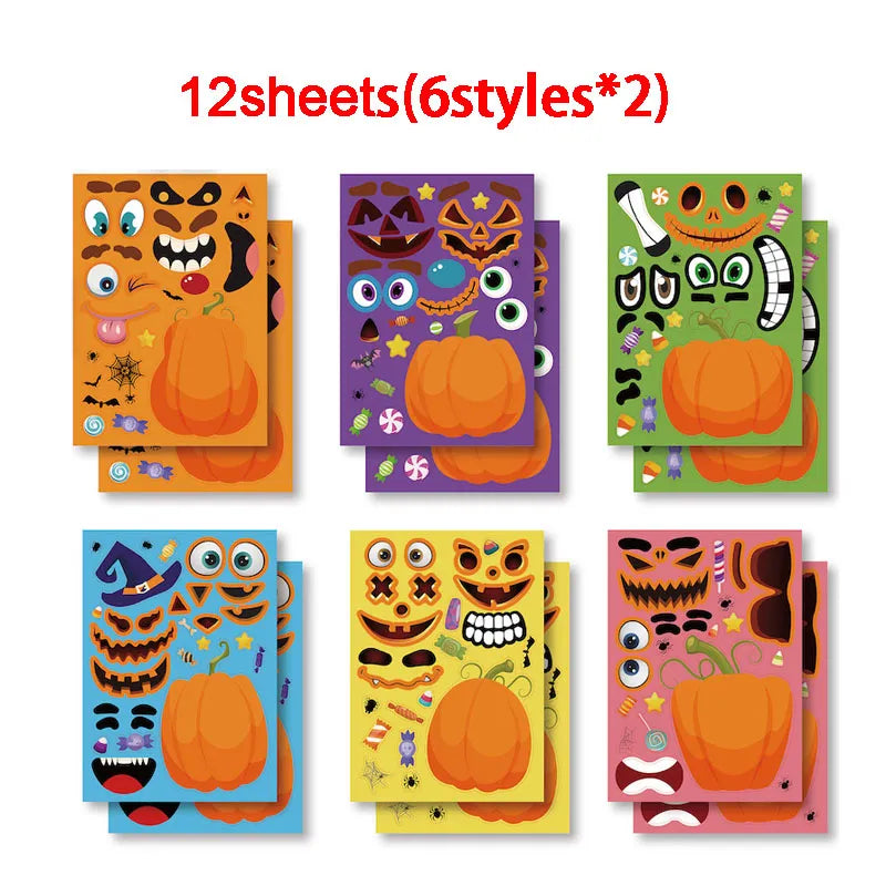 Halloween Party Favors Stickers for Kids 6-24sheets DIY Ghost Witch Mummy Make A Face Stickers Children Toddles Puzzle Jigsaw