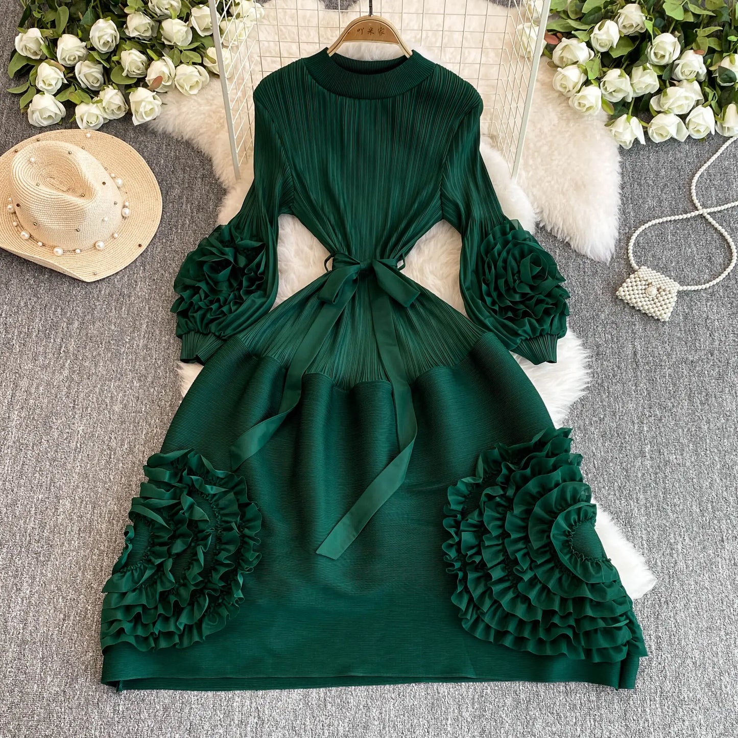 XFPV Women's Pleated Lace Elegant Temperament Lace Up Puff Sleeves High Waisted Dress Vestidos Y2k Fashion Spring Autumn 2024