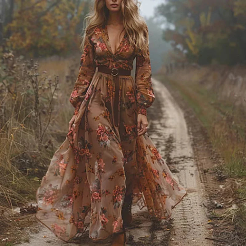 Vintage Pattern Printed Long Sleeved Women's Dress Casual V-neck High Waist Pleated Autumn Dress Elegant Loose Bohemian Dresses