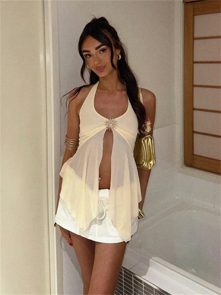Absobe Halter Tie-Back Sheer Mesh Patchwork With Metal Accents Tank Top Backless Y2K Vest For Women Chic Streetwear Blouse