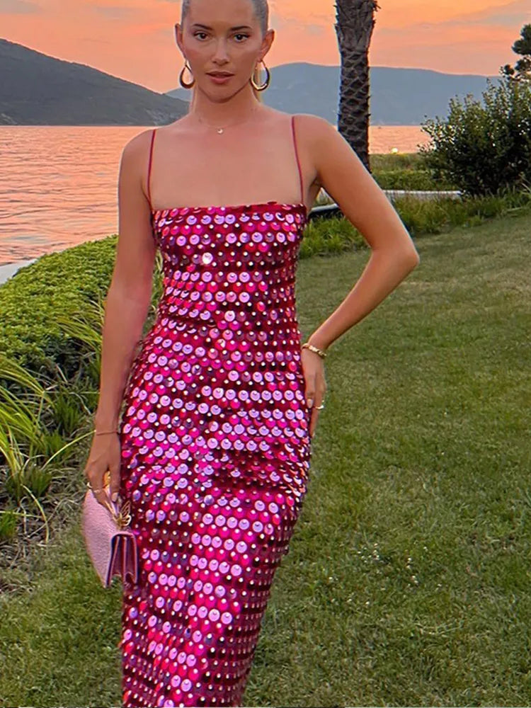 Sequined Tube Top Strap Dress Women Sexy Sleeveless Slim Solid Straight Long Vestidos Fashion Backless Slip Split Evening Robe