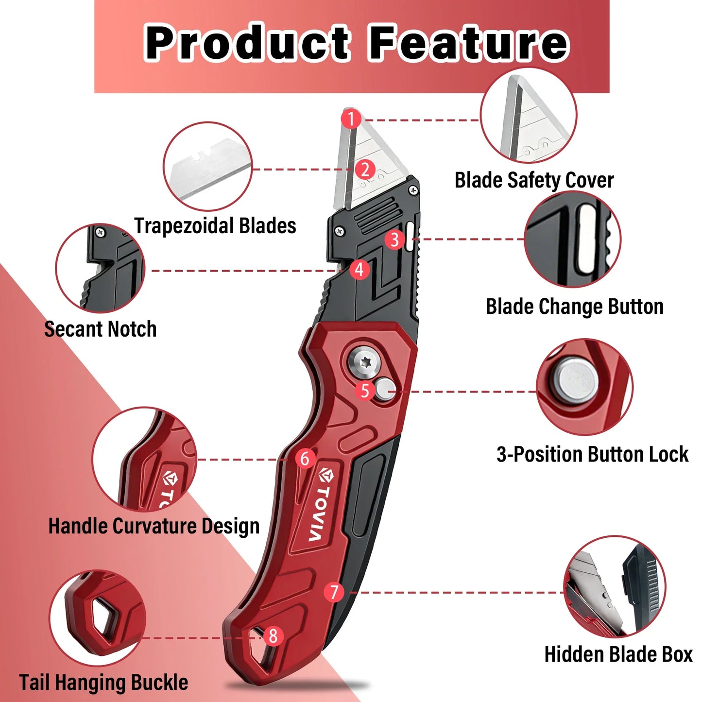 T TOVIA Folding Utility Knife with Blade Storage - Quick-Change Retractable Box Cutter, 3 Extra Blades in Handle, Aluminum Body.