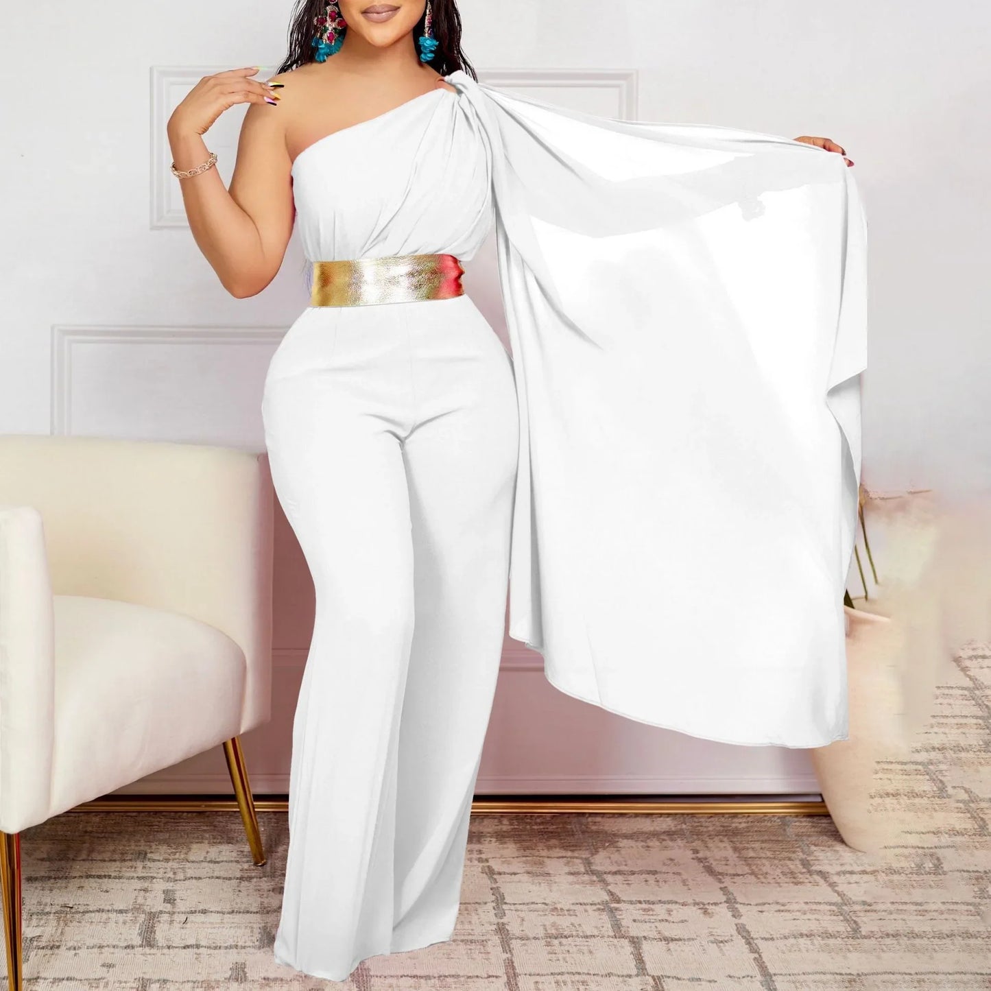 Elegant Jumpsuits & Rompers for Woman, One Shoulder Flying Sleeve High Waisted Luxury Dinner Outfits.