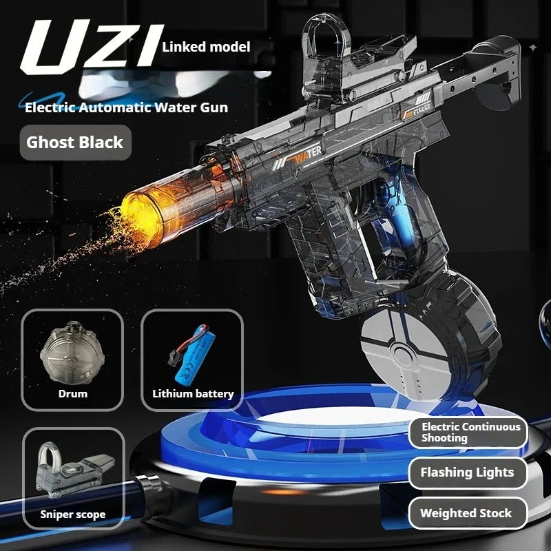 UZI Electric Water Gun with Lights Cool Electric Continuous Firing and Reloading Summer Water Play Kid’s Adult Toy Water Gun