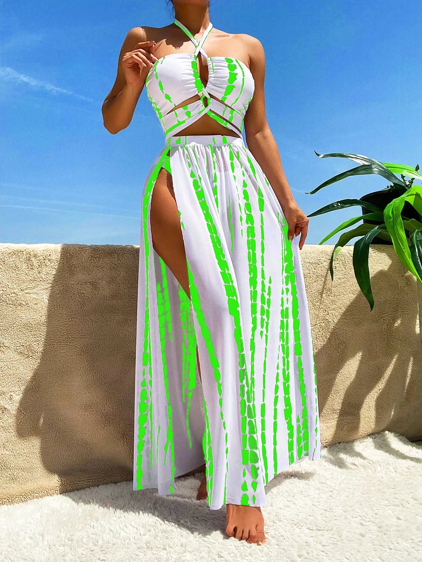 3 Pieces Swimsuit Women Tie Dye Print Swimwear Sexy Halter Bandage Bikini Set&Side Split Dress Cover-Up Beachwear Bathing Suits