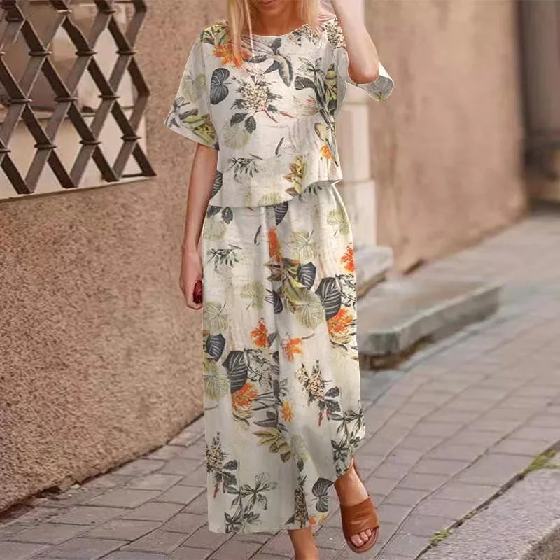 Cotton Linen Vintage Printed Pant Sets Loose Short Sleeves T Shirt High Waist Wide Leg Pants Two Piece Set For Women Streetwear