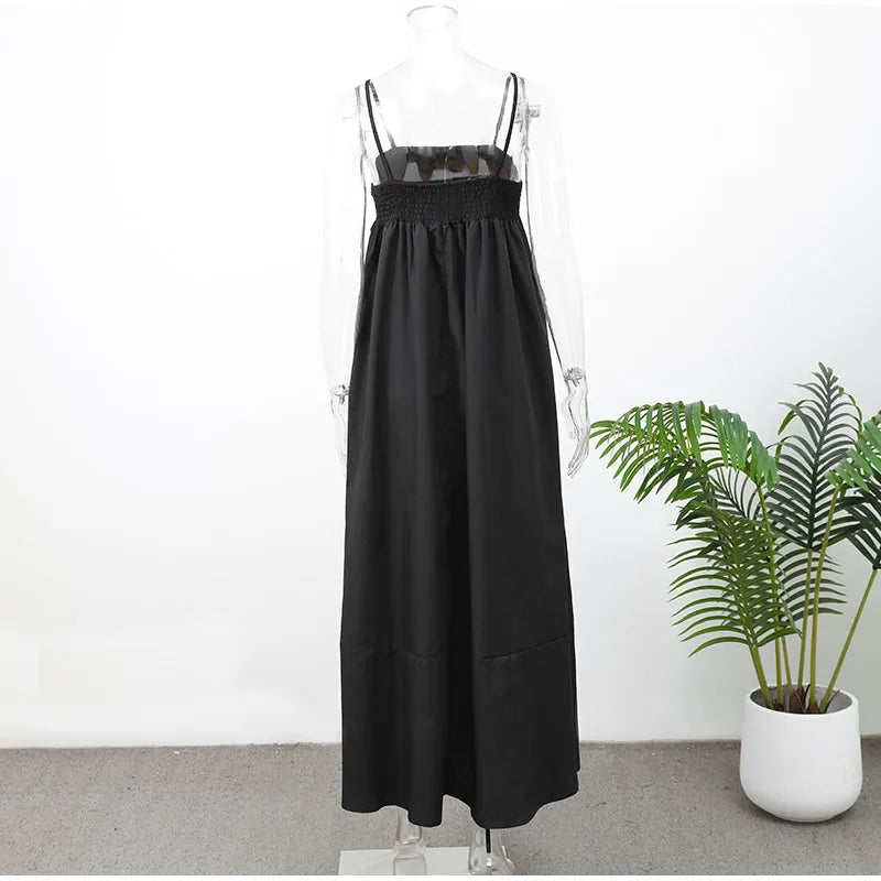 Solid Backless Spaghetti Strap Dress Women's Fashion Loose High Waist A-line Vestidos Summer Lady Holiday Street Robes 2025 New