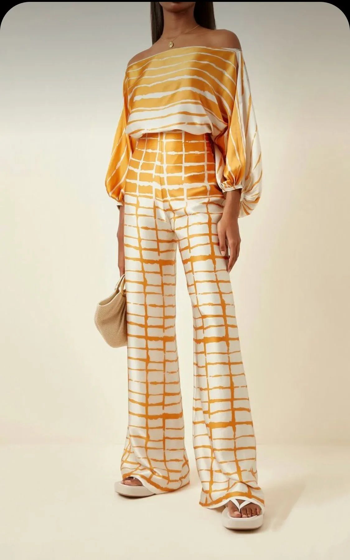 Women's Printed Satin 2-piece Set, Off Shoulder Lantern Sleeve Top, Wide Leg Pants, Elegant Office Shirt Traf Official Store
