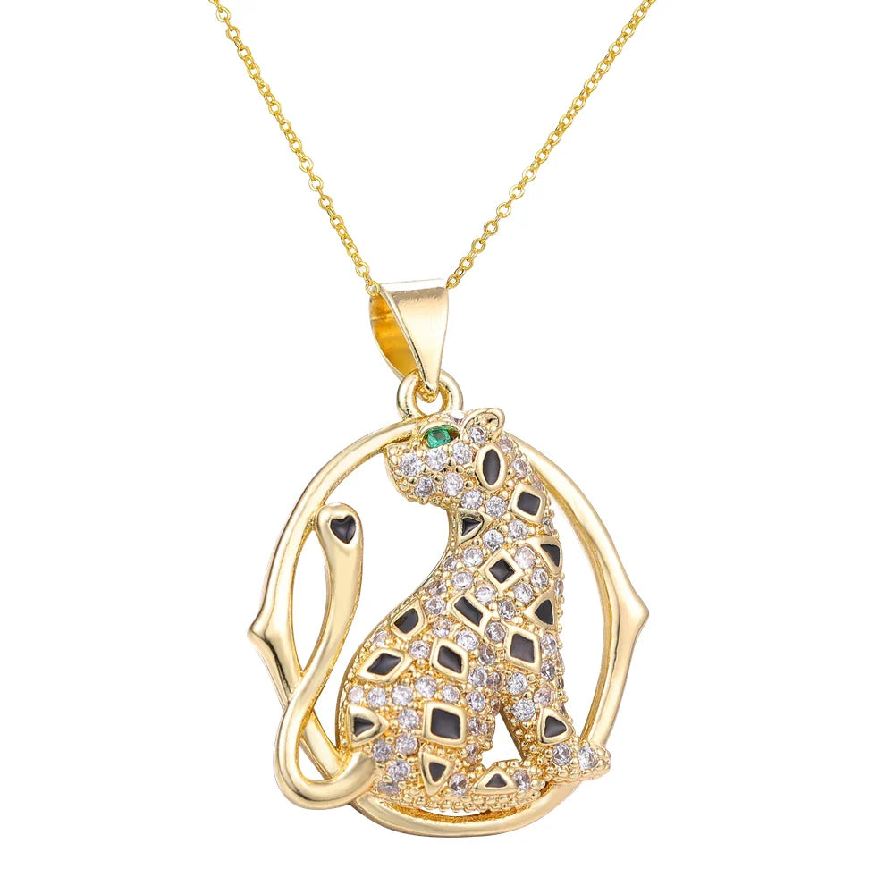 Juya 18K Real Gold Plated Micro Pave Zircon Butterfly Horse Bees Cat Leopard Pendant Necklace For Women Birthday Christmas Gift